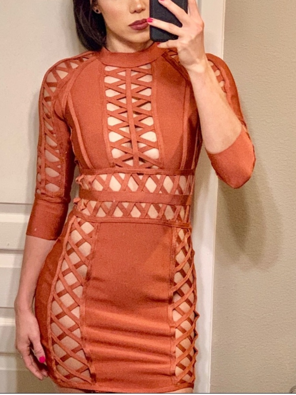 House of CB Rust Cutout Lattice Bodycon Mini Dress